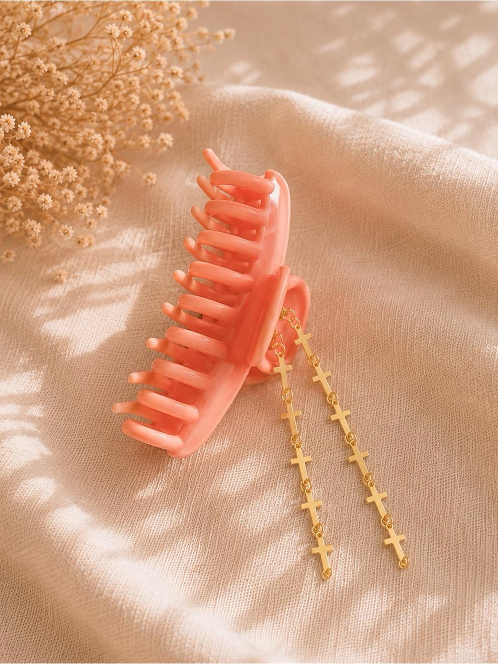 Coral Hair Claw Clip with Gold Cross Charm Accent